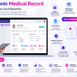 Electronic Medical Record (EMR) key features and benefits, including patient management, appointment scheduling, clinical documentation, e-prescriptions, and healthcare analytics.