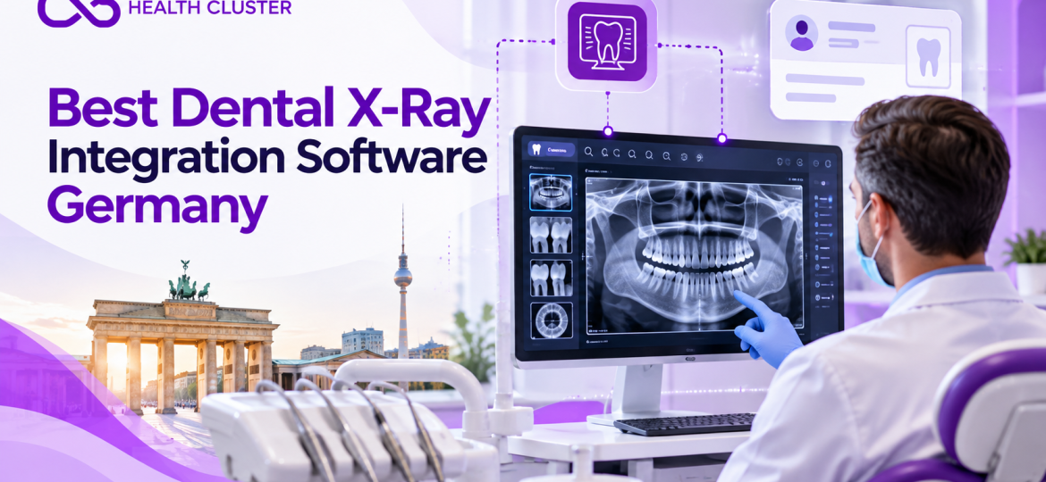 Best Dental X-Ray Integration Software in Germany for modern dental clinics, featuring Health Cluster branding and digital dental imaging.